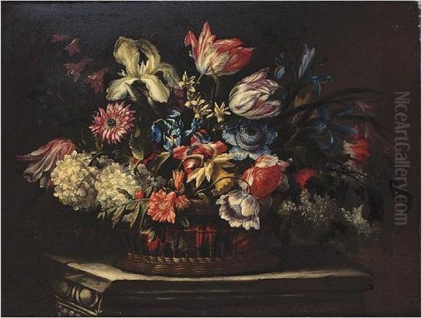 Still Life Of Tulips, Irises And Other Flowers In A Basket On A Stone Ledge Oil Painting by Bartolome Perez