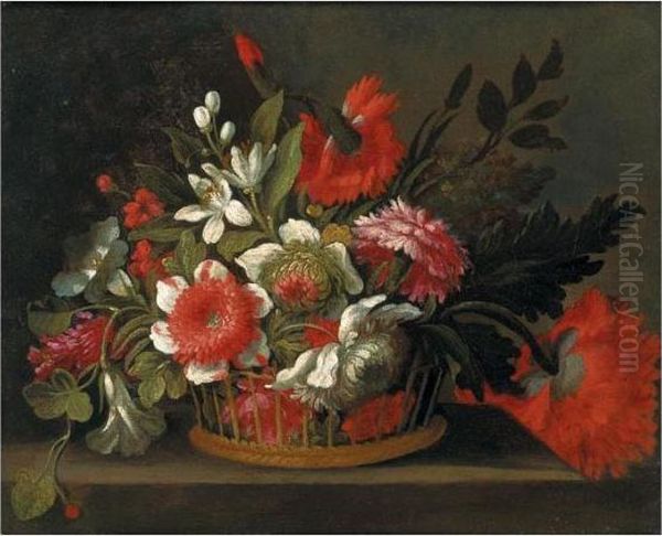 Still Life Of Flowers In A Wicker Basket Upon A Stone Ledge Oil Painting by Bartolome Perez