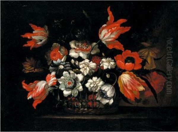 Still Life Of Tulips, 
Chrysanthemums, Poppies And Morning Glory In A Wicker Basket On A Stone 
Ledge Oil Painting by Bartolome Perez