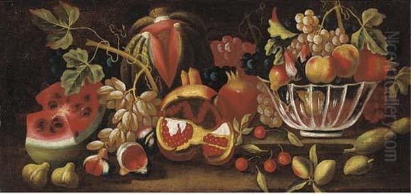 A Watermelon, Grapes, Figs, 
Pomegranate And A Bowl With Grapes,peaches And Pears On A Ledge Oil Painting by Bartolome Perez