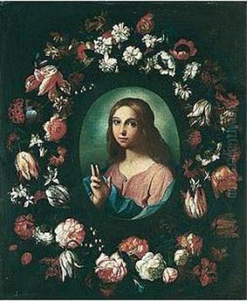 The Youthful Christ Blessing, Surrounded By A Garland Of Flowers Oil Painting by Bartolome Perez