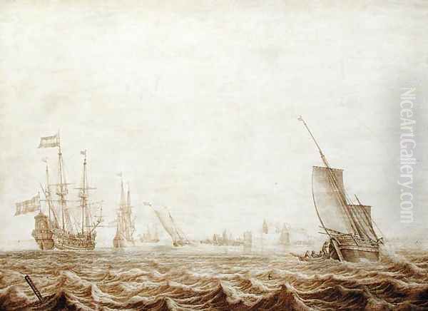 A Wijdschip Lowering Sail in a Choppy Sea, mid-17th century Oil Painting by Heerman Witmont