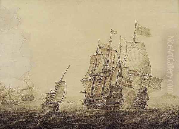 Action between Dutch and English Ships Oil Painting by Heerman Witmont