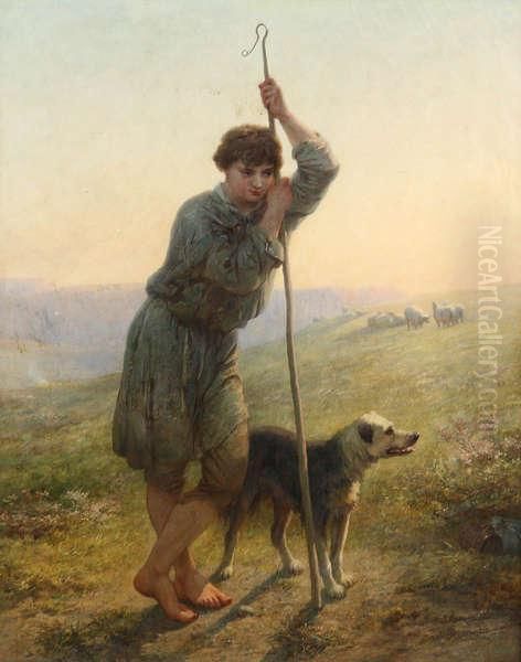 Jonge Herder Met Hond En Schapen Op Engelse Klif Bij Valavond Oil Painting by Alfred Feyen Perrin