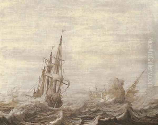 A penschilderij three-masters off a rocky coast in choppy waters Oil Painting by Heerman Witmont