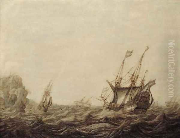 A penschilderij Threemasters off a rocky coast in a stiff breeze Oil Painting by Heerman Witmont