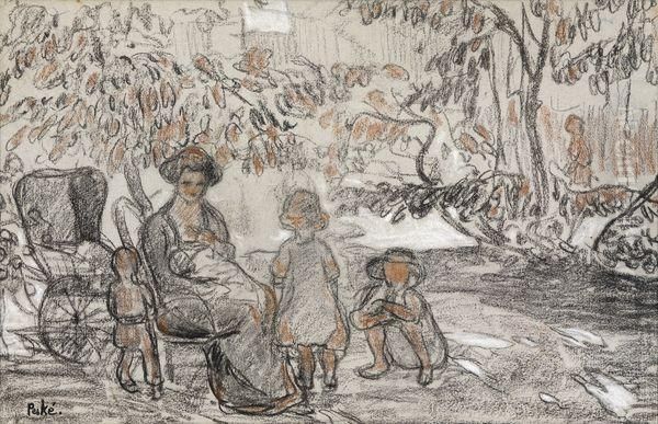 < Femmes Et Enfants Dans Un Jardin >. Oil Painting by Jean Peske