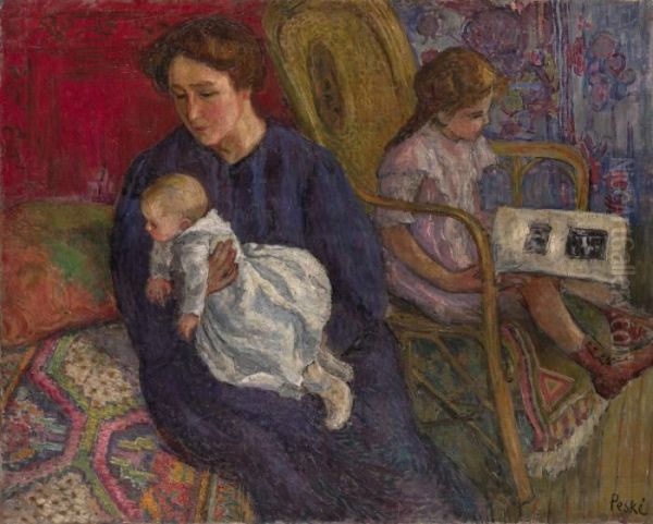 Mother And Children Oil Painting by Jean Peske