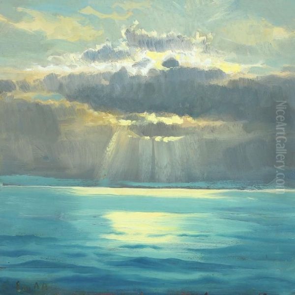 Seascape With Sunlight Through Clouds Oil Painting by Emanuel A. Petersen