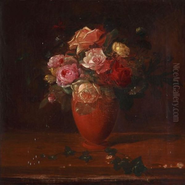 Still Life With Roses In A Vase Oil Painting by Sophus Petersen