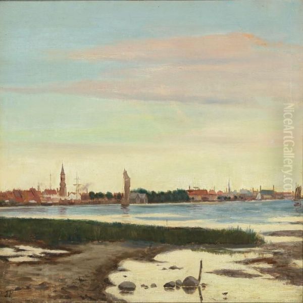 Coastal Scenery From A Danish Town With Ships In The Strait Oil Painting by Tom Petersen