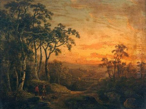 Travellers In Sunset Landscape Oil Painting by Abraham Pether