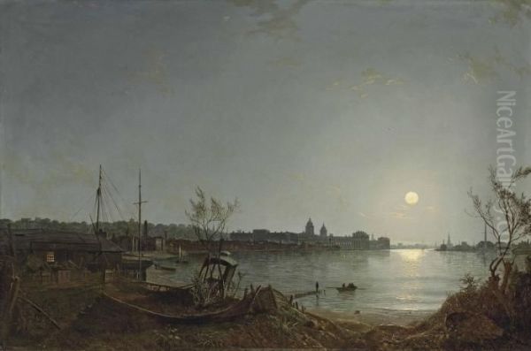 A View Of Greenwich Reach From The Thames By Moonlight Oil Painting by Henry Pether