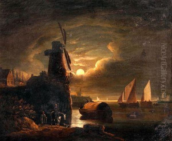 Moonlit River Scene With Barges Oil Painting by Sebastian Pether