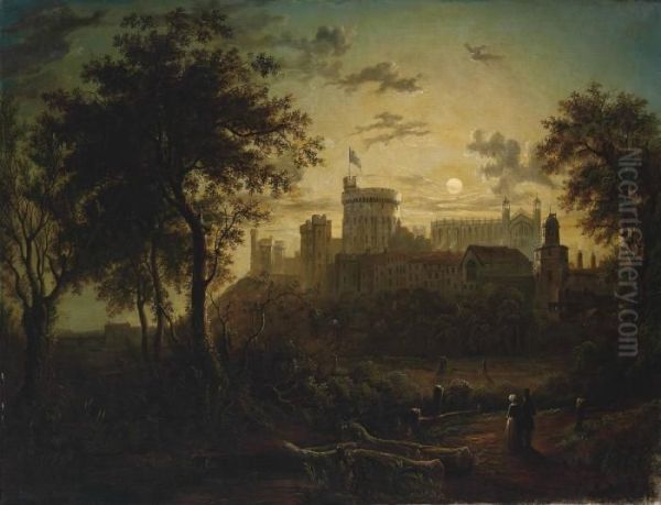 Figures Before Windsor Castle, By Moonlight Oil Painting by Sebastian Pether