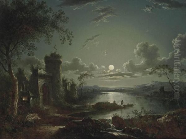 A Moonlit River Landscape With Anglers On The Shore And Mountains Beyond Oil Painting by Sebastian Pether