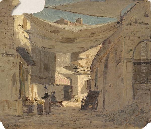 Arles, Marchandes Abritees Du Soleil Par De Grandes Toiles. Oil Painting by Edmond Marie Petitjean