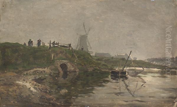 Paysage De Hollande Au Moulin. Oil Painting by Edmond Marie Petitjean