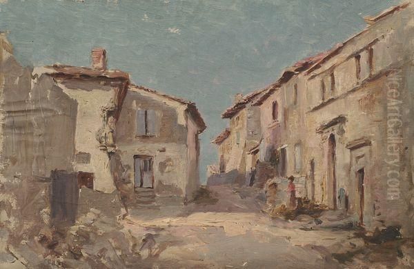 Rue De Village En Lorraine Animee. Oil Painting by Edmond Marie Petitjean