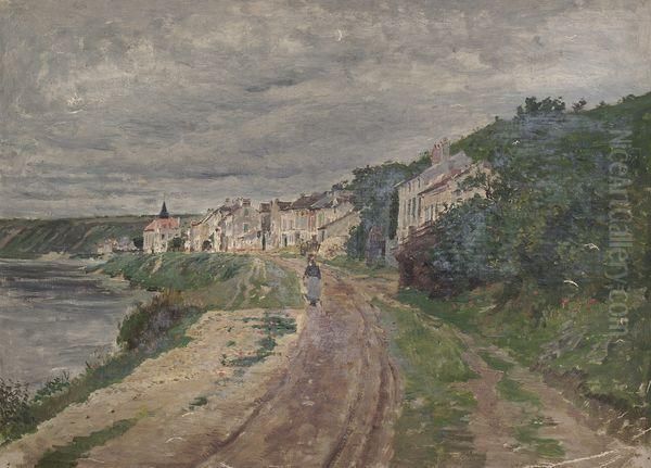 Femme Sur Un Chemin En Bord De Mer Et De Village. Oil Painting by Edmond Marie Petitjean