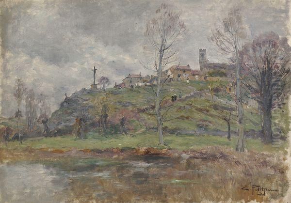 Vue D'un Village Perche Au Calvaire. Oil Painting by Edmond Marie Petitjean