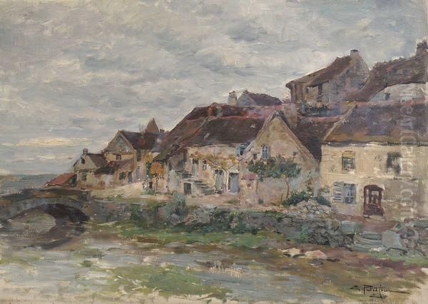 Petit Pont Au Pied D'un Hameau. Oil Painting by Edmond Marie Petitjean