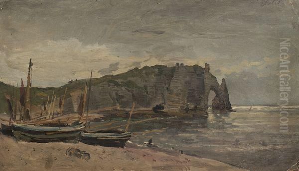 Bateaux Sur La Plage Pres Des Falaises D'etretat. Oil Painting by Edmond Marie Petitjean