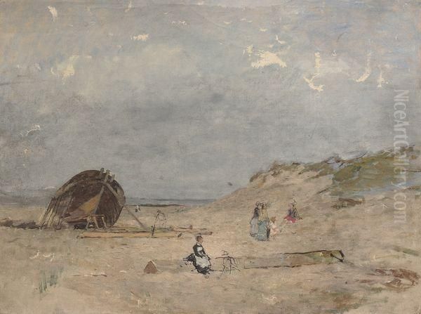 Bateau En Carene, Plage Et Les Dunes. Oil Painting by Edmond Marie Petitjean