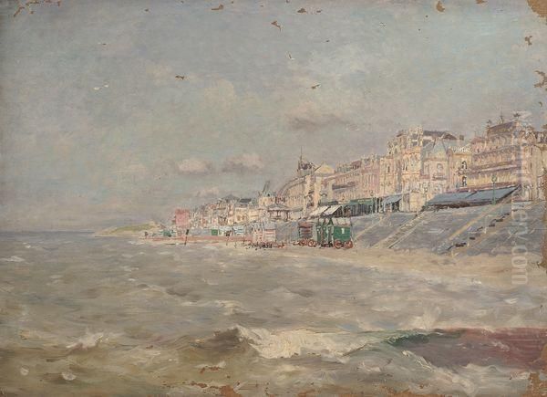 Front De Mer, La Plage Et Les Cabines. Oil Painting by Edmond Marie Petitjean