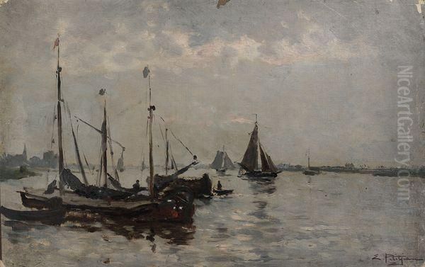 Voiliers Au Mouillage. Oil Painting by Edmond Marie Petitjean