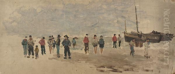 Retour De Peche Sur La Plage. Oil Painting by Edmond Marie Petitjean