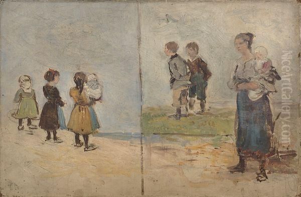 Enfants Au Bord De La Plage, Une Mere Et Son Enfant. Oil Painting by Edmond Marie Petitjean