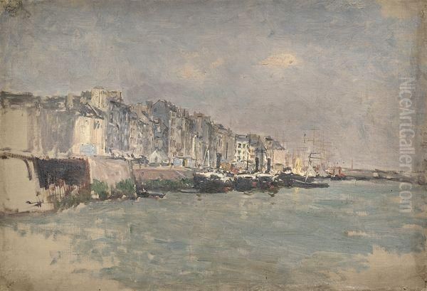 Bateaux A Vapeur Au Port. Oil Painting by Edmond Marie Petitjean