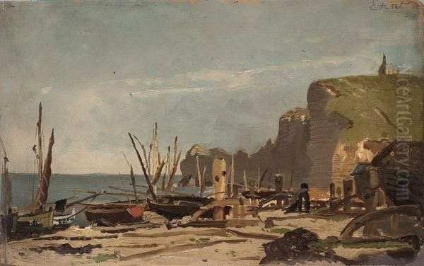 Barques Sur La Plage A Etretat. Oil Painting by Edmond Marie Petitjean