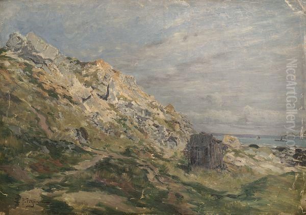 Cabane Sur Les Rochers En Bord De Mer. Oil Painting by Edmond Marie Petitjean