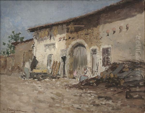 Entree De Ferme En Lorraine. Oil Painting by Edmond Marie Petitjean