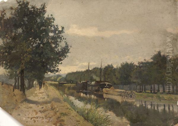 Peniche Sur Le Canal Et Chemin De Halage. Oil Painting by Edmond Marie Petitjean