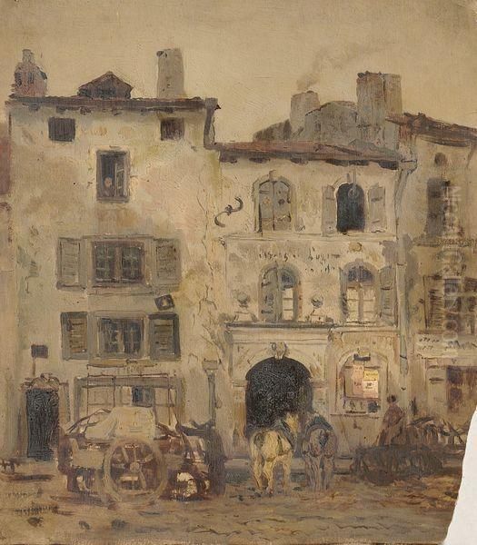 Chevaux Devant L'auberge. Oil Painting by Edmond Marie Petitjean