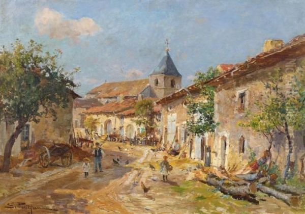 Village Lorrain Oil Painting by Edmond Marie Petitjean