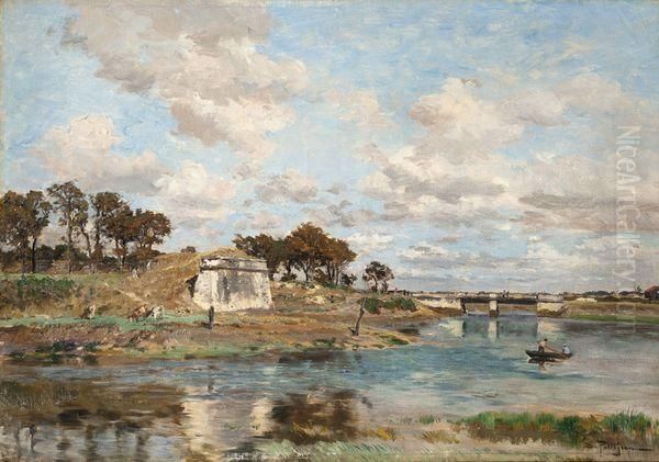 Bord De Riviere Avec Ruines De Fortifications Pres D'un Village Oil Painting by Edmond Marie Petitjean