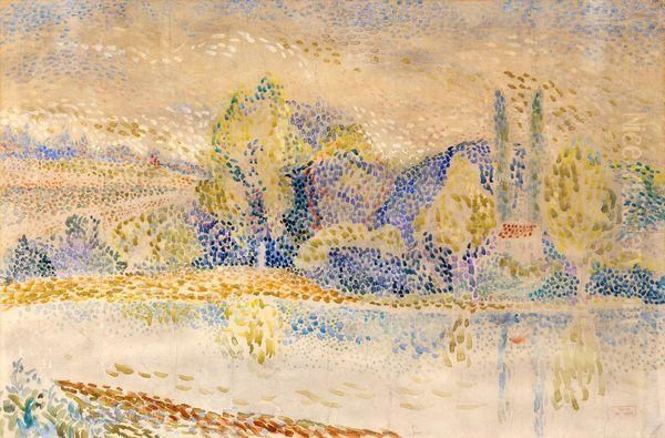 < Paysage Pointilliste : Maison Au Bord De L'eau >. Oil Painting by Hippolyte Petitjean