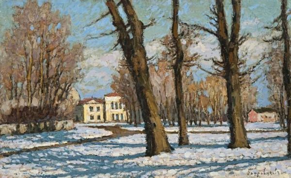 Manor In Spring Sunshine Oil Painting by Piotr Ivanovich Petrovichev