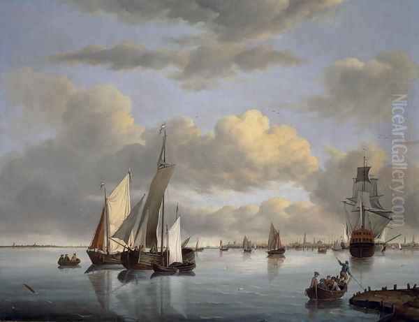 Shipping on the Ijsselmeer with Amsterdam in the distance Oil Painting by Jan Wubbels