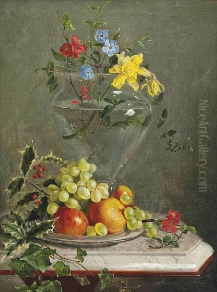 Holly, Ivy, Grapes, Apples And Oranges In A Bowl By A Vase Of Flowers Oil Painting by Franz Xaver Petter