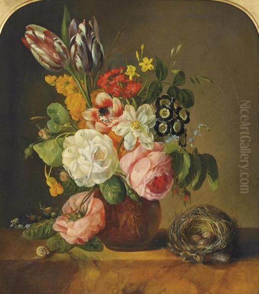 Roses, Tulips, Forget-me-nots, Nasturtiums, Jasmine, Anenomes Oil Painting by Franz Xaver Petter