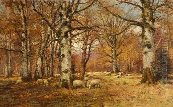 Sheep Grazing In A Woodland Interior Oil Painting by William Preston Phelps