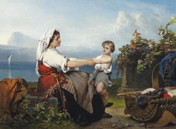 Mother And Child In A Mediterranean Landscape Oil Painting by Karel Frans Philippeau