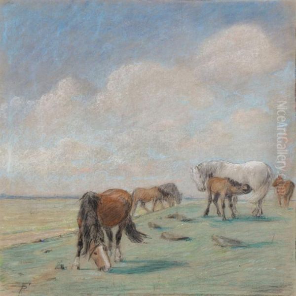 Horses In The Field Oil Painting by Theodor Philipsen