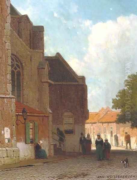 Villagers on a street by a church Oil Painting by Jan Weissenbruch