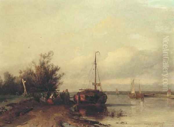 Figures resting on a riverbank by a moored sailing vessel Oil Painting by Jan Weissenbruch